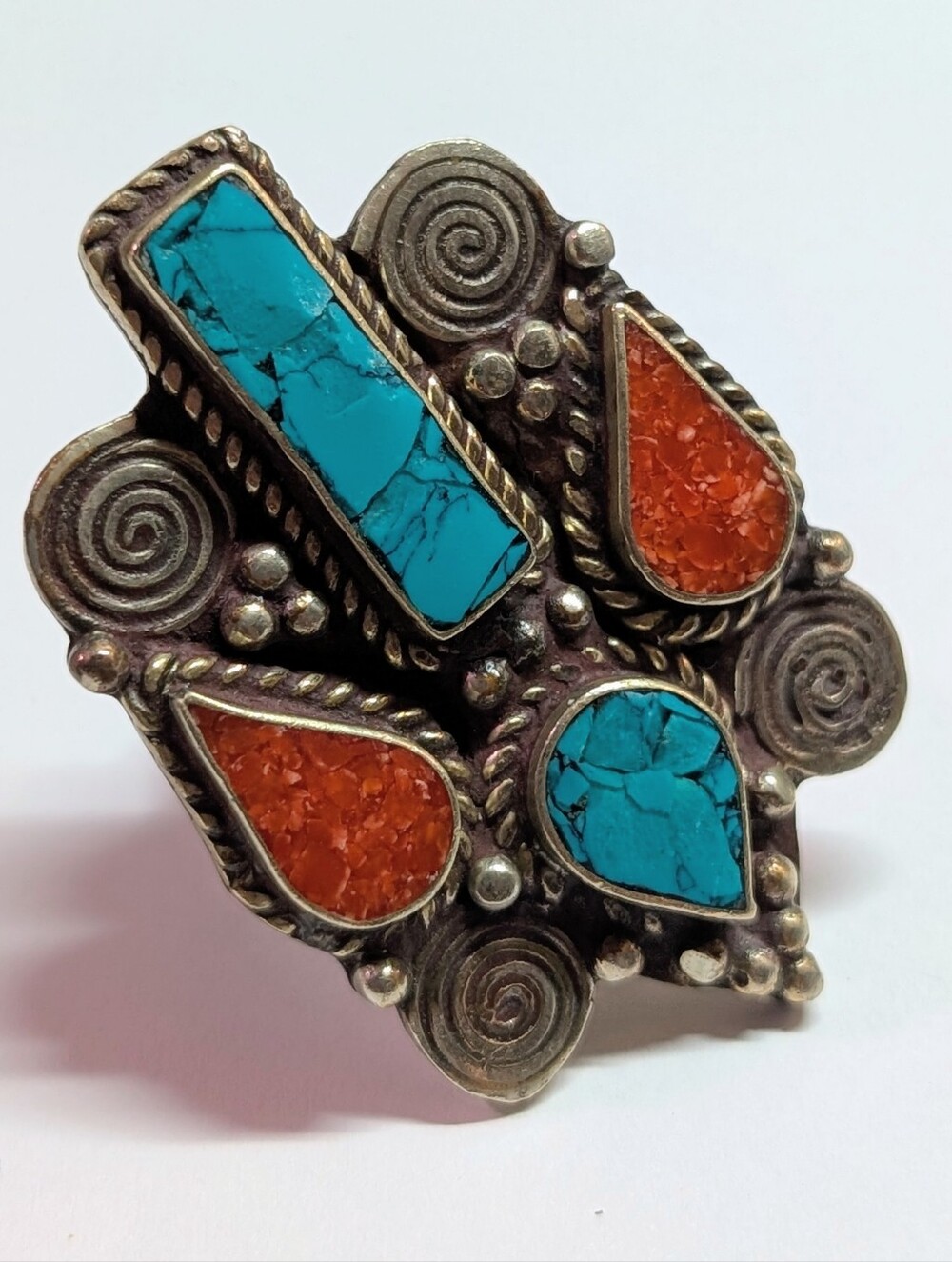 Turquoise & Coral Teardrop Statement Ring - Women Jewelry